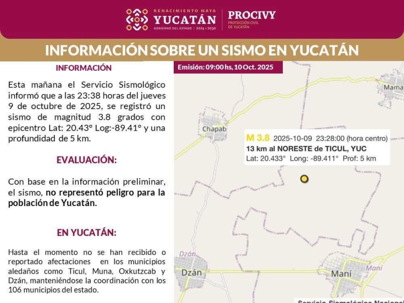 Sin afectaciones tras temblor en el Sur de Yucatán